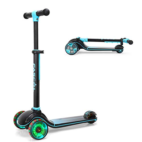Fascol Kinderroller Faltbar Dreiradscooter ab 3-12 Jahre Kinderscooter mit LED Räder Roller Scooter für Kinder mit Verstellbarem Lenker, Blau