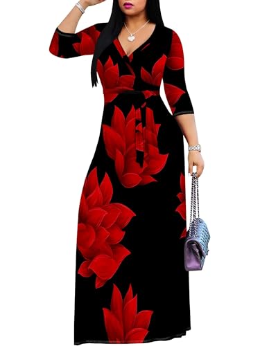 Image of Plus Size Maxi Dress for Women V Neck 3 /4 Sleeve Wrap Dress