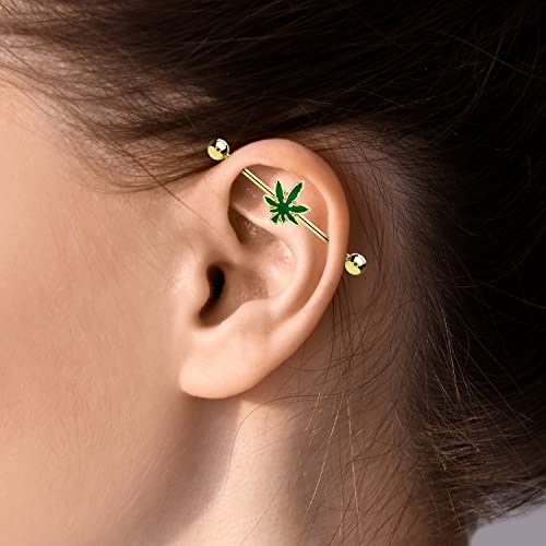 Pierce2Go Weed Industrial Barbell Bar Ear Piercing - 316L Surgical Grade Stainless Steel Anodized Gold Barbell Ear Piercing With Green Marijuana Leaf Pendant For Women And Men Unisex (Gold & Green) #TOP6