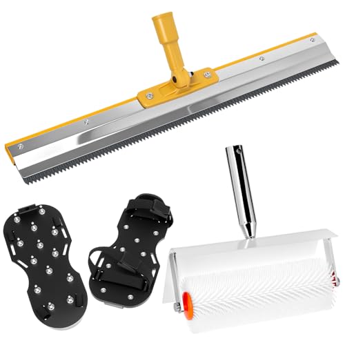 QWORK 3-teiliges Bodenbeschichtung Set: 56CM Edelstahl-Stehrakel 25CM Entlüftungswalze & 2 Nagelschuhen für Epoxidharz Ausgleichsmasse & Bodenversiegelung