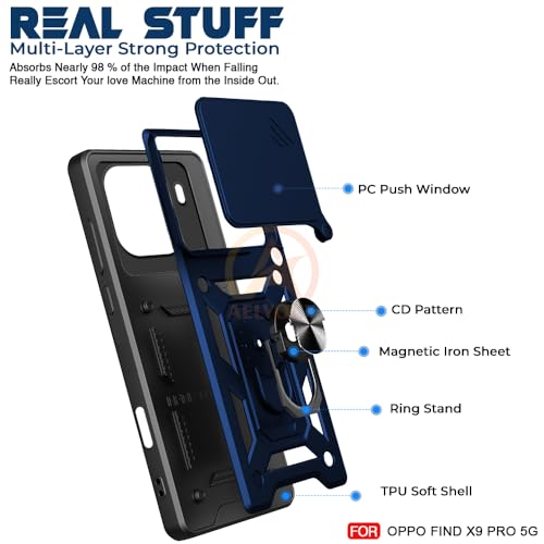 Image of Armor Bumper Back Cover Case for Oppo Find X9 Pro 5G Rotating Camera Cover, Ring Holder & Kickstand | Heavy Duty & 360 Degree Protection Oppo Find X9 Pro 5G Back Cover (Blue)
