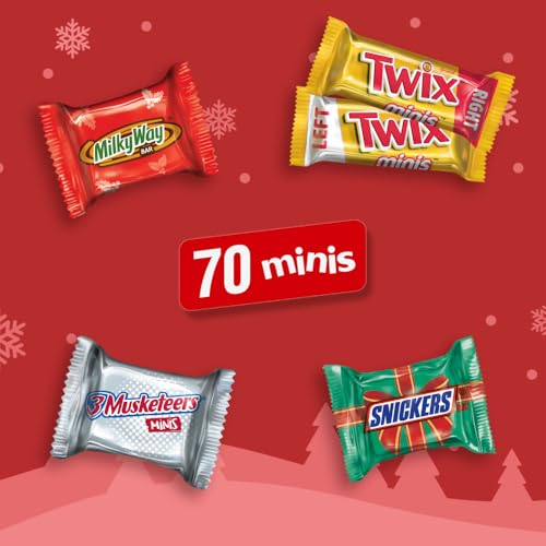 SNICKERS, TWIX, MILKY WAY & 3 MUSKETEERS Minis Milk Chocolate Candy Variety Pack, Individually Wrapped Christmas Candy Stocking Stuffers, 70 Ct Bulk Bag
