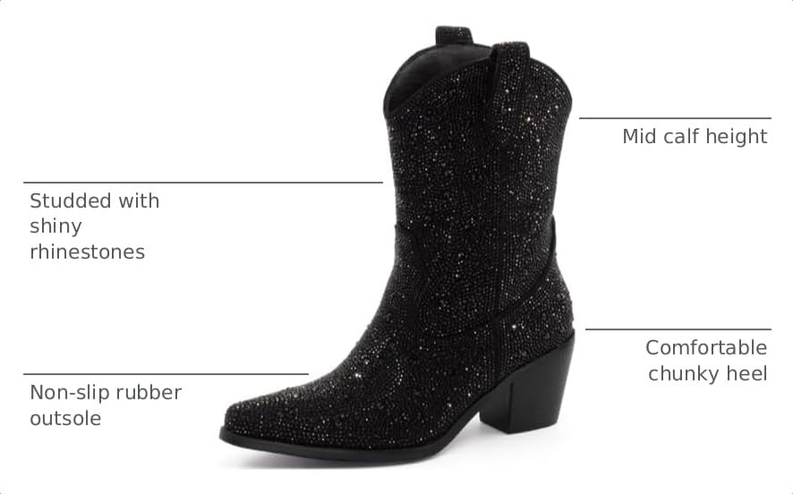 Image of MISSMILLER Rhinestone Boots for Women Sparkly Cowgirl Boots Pointed Toe Chunky Heels Rhinestone Cowboy Boots