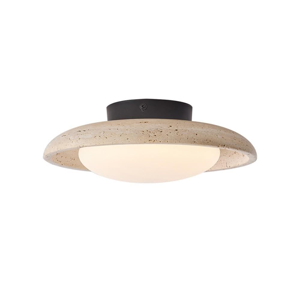 LUOYAOB Japanese Retro Round 9.8in Ceiling Lights Yellow Travertine Body Semi Flush Mount Ceiling Lamps Black Iron Base Ceiling Light Fixture for Bedroom Living Room Entryway