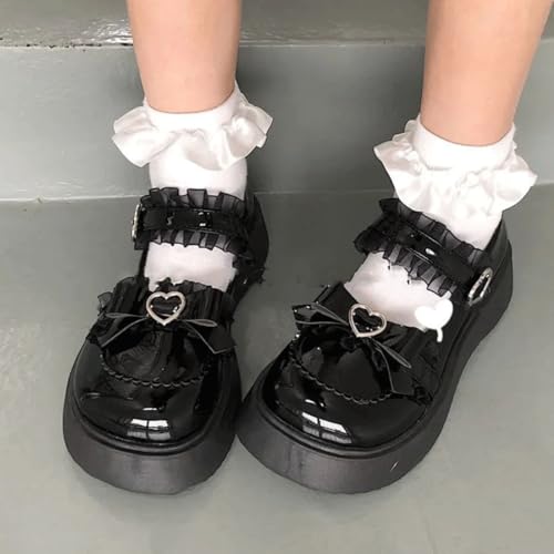 Y2K Goth Kawaii Harajuku Lolita Round Toe Chunky Heels Heart Buckle Black Lace Trim Mary Jane Platform Shoes4