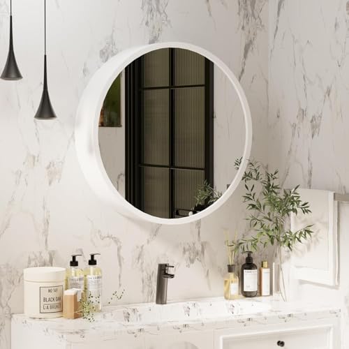Image of iSTAR 16 Inch Round Wall Mirror with Storage Shelf | Bathroom Vanity Glass with Hidden Storage Cabinet | Wall Mounted Decorative Reflector for Bathroom, Bedroom, Living Room