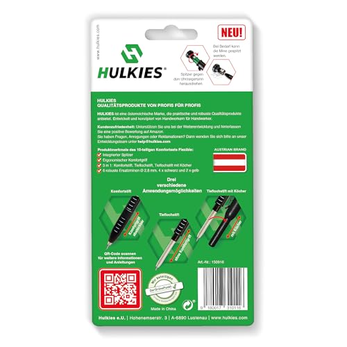 Hulkies 3-in-1 Tieflochmarker – 10-teiliges Profi-Set: Zimmermannsbleistift, Tieflochstift & Köcher – Markierstift für Handwerker inkl. 6 Ersatzminen & integriertem Spitzer