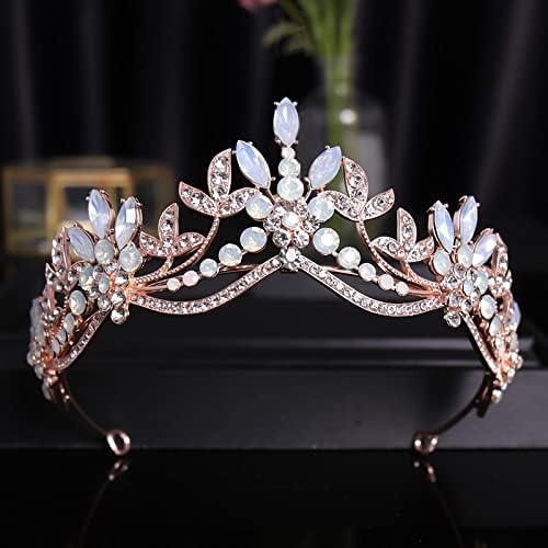 Diamentowa Tiara luksusowe różowe kryształowe koraliki liście diademy ślubne korony Rhinestone korowód Diadem panna młoda opaski ślubne akcesoria do włosów