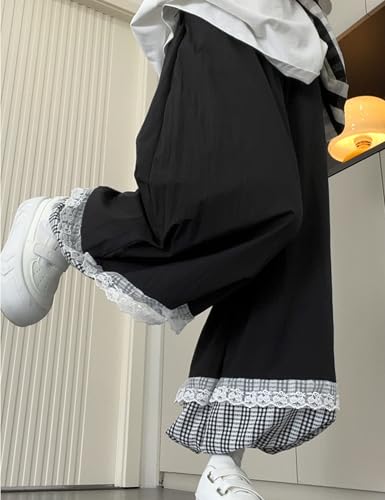 Womens Preppy Summer Tartan Bloomer Pants Lace Trim High Waist Flared Leggings Vintage Pantaloons Loungewear2