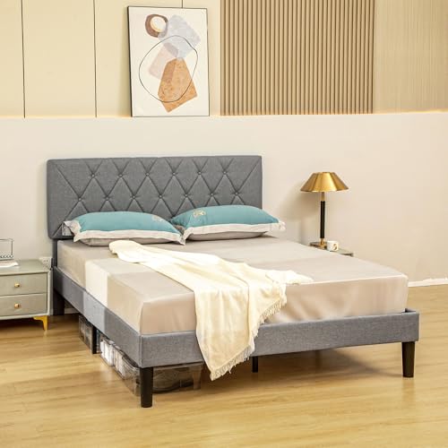 HOMCOM King Size Bed Frame with 5-Level Adjustable Linen Upholstered Headboard, Wooden Slats Mattress Foundation, No Box Spring Needed, Grey