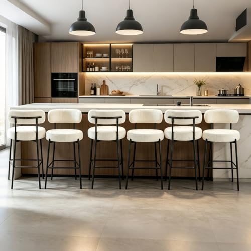 Image of Counter Height Bar Stools, Boucle Upholstered Bar Stools with Back and Footrest, 30 Inch Counter Stools Metal Frame, Heavy Duty Modern Bar Chairs for Kitchen Island, White Barstools Set of 6