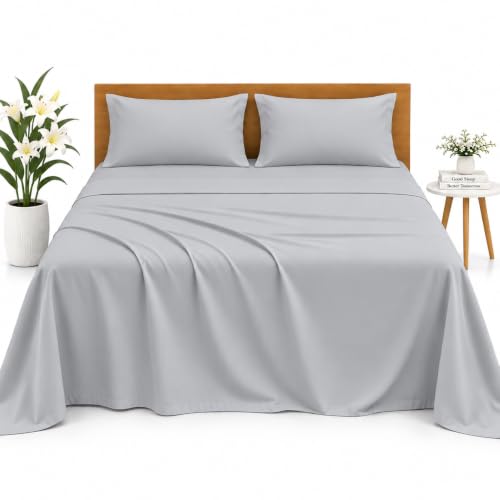 Image of 1800 Brushed Microfiber Bedsheet | Bedsheets | Bed Sheet | chadar - Soft and Breathable - Flat Sheet with 2 Pillow Cover - Double Size Light Grey Solid