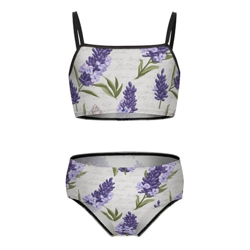 Vintage Lavender Floral Flowers Girls Swimsuits Two Piece Bikini Sets Beach Sport Swimwear Bathing Suit