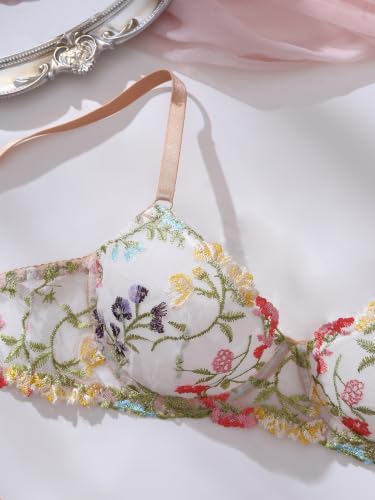Image of Sexy Floral Embroidered Flower Mesh Underwire Push Up Lingerie Set