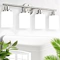 Guliaofo Bathroom Vanity Light Fixtures, 4-Light Brushed Nickel Vanity Light, Modern Bathroom Lighting Over Mirror, Nickel Vanity Fixture with White Frosted Glass Shade, Bathroom Light for Mirror
