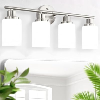 Guliaofo Bathroom Vanity Light Fixtures, 4-Light Brushed Nickel Vanity Light, Modern Bathroom Lighting Over Mirror, Nickel Vanity Fixture with White Frosted Glass Shade, Bathroom Light for Mirror