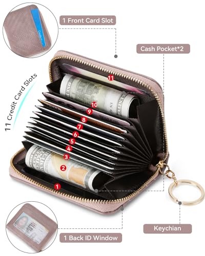 Image of BOSTANTEN Credit Card Holder Wallet RFID Blocking Leather Small Wallet for Women Zipper Keychain Wallet with Wristlet Purple