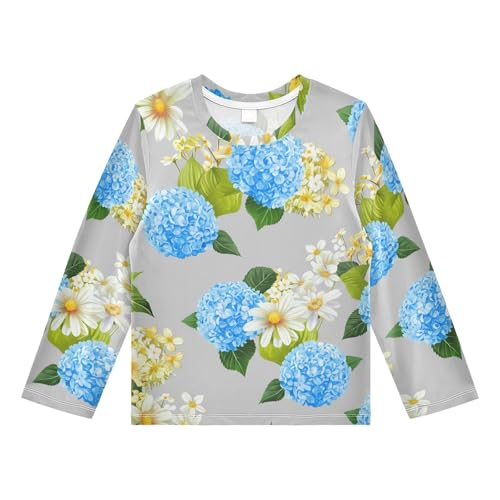 DOMIKING Hydrangea Flowers Gray Boys Long Sleeve Rashguard Shirt Kids Quick Dry Swim Shirt for Swimming Pool Beach 9-10T
