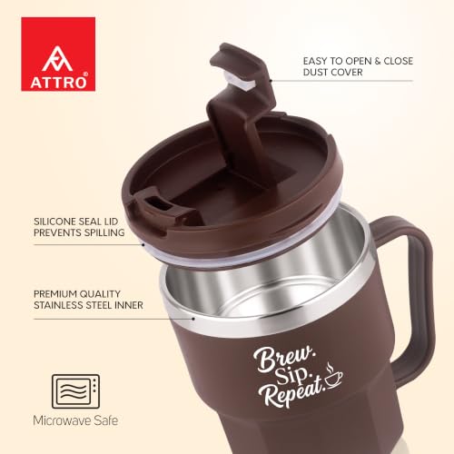 Image of ATTRO Sipzo Double Wall Inner Steel Coffee Mug, 350ml, Microwave Safe, Stainless Steel Inner, BPA Free Food Grade Outer, Leakproof Lid with Dust Cover, Wide Mouth, Office & Travel Mug-Brown