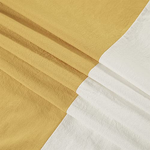 Roomtalks Beige And Yellow Bathroom Shower Curtain Set With Hooks, 100% Cotton Textured Soft Natural Solid Color Blocked Bright Bath Shower Curtains, Mid Century Boho Vintage Bathroom Decor #TOP3