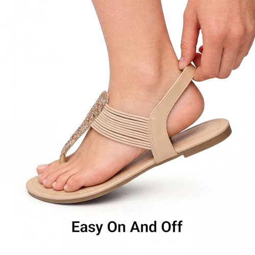 DREAM PAIRS DREAM PAIRS Women's Elastic Strappy String Thong Ankle Strap Summer Gladiator Sandals,Size 8.5,Nude,SPPARKLY