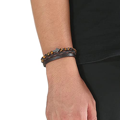 Josephine Design Leather Beaded Bracelets For Men Women Stainless Steel Cross Tiger's Eye Gemstone Healing Wrap Bracelet Jewelry Magnetic Clasp Hand Chain (Cross Tiger's Eye) #TOP1