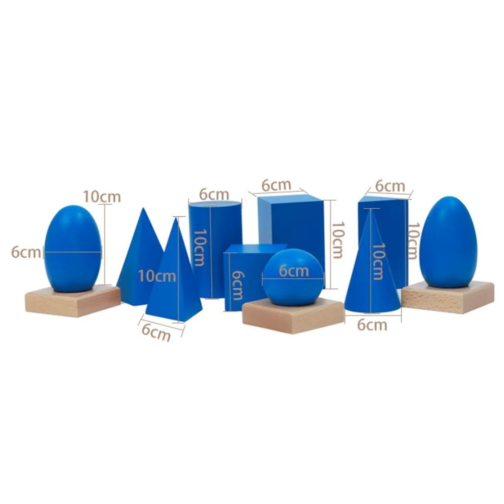 Montessori geometryczne bryły z drewnianymi podstawami i pudełkiem do przechowywania, matowe niebieskie figury 3D, sensoryczna i edukacyjna zabawka do nauki geometrii