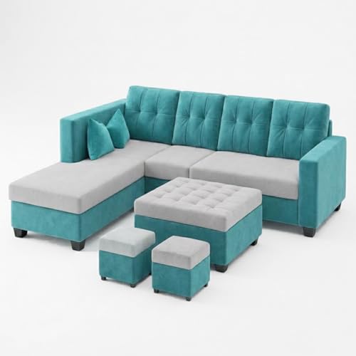 Image of FURNY Nathan 8 Seater L Shape Sofa Set LHS (Sky Blue-Light Grey) | Suede Velvet Finish | Durable Comfort Sofa for Modern Living Room & Office Spaces