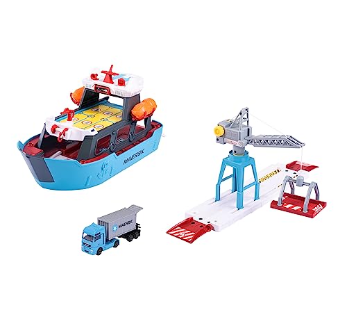 Majorette - Creatix Spielzeug-Hafen mit Container-Schiff - Maersk Logistik Hafenstation (45x29x24 cm) mit Frachtschiff, beweglichem Kran und Man Truck mit Container, für Kinder ab 5 Jahre