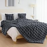 Picture of IKALIFE Cozy Faux Fur Throw Blanket for Bed-Warm Fuzzy Throw Blanket, Soft Plush Thick Bubble Blankets for Bedroom and Living Room, Furry Luxury Blanket, 90 x 90, Grey