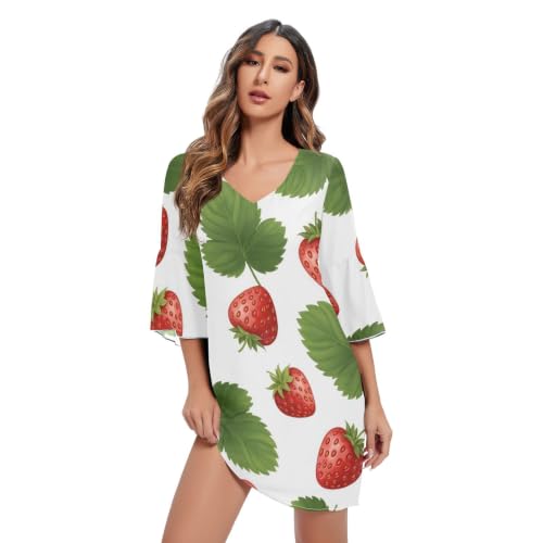 Robe courte d'été pour femme avec manches 3/4 et motif hawaïen blanc et rouge