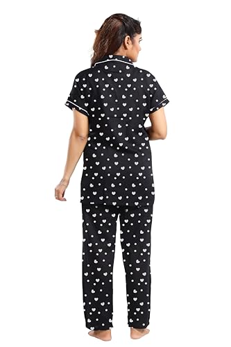 Image of YAZIA Women's Cotton Heart /Box /Zigzag Printed Night Suit Set of Shirt and Pyjama H P BLK