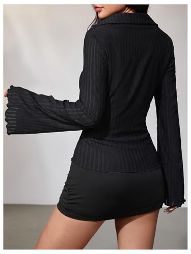 MakeMeChic Women's Button Down Shirts Bell Sleeve Tops Slim Fitted Collared Blouse Office Work Striped Shirts2