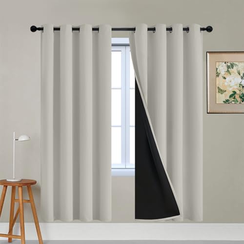 Image of Yakamok Cream Beige 100% Blackout Curtains 72 Inches Long 52 inch Wide 2 Panels | Blackout Curtain Panels for Bedroom, 2 Thick Layers Grommet Top Thermal Insulated Drapes with Black Liner for Living Room