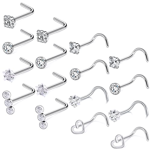 18G 20G Nose Rings Studs Stainless Steel L Shaped Screw Nose Rings Hypoallergenic Cubic Zirconia Nostril Nose Piercing Jewelry for Women Men Silver