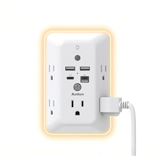 Addtam Surge Protector Outlet Extender, Plug Extension Outlet with Night Light, 5-Outlet Splitter and 4 USB Ports(PD 20W), Multi Plug Wall Outlet for Home Office Dorm Room Essentials