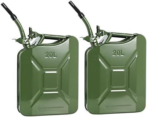 20L 5 Gallon Stainless Gas Can Fuel Cans and Spout System Fuel Power Emergency Backup Tank with Flexible Spout Metal Steel for Cold-Rolled Plate Gasoline Cars Trucks Equipment Station, 2 Pack Green