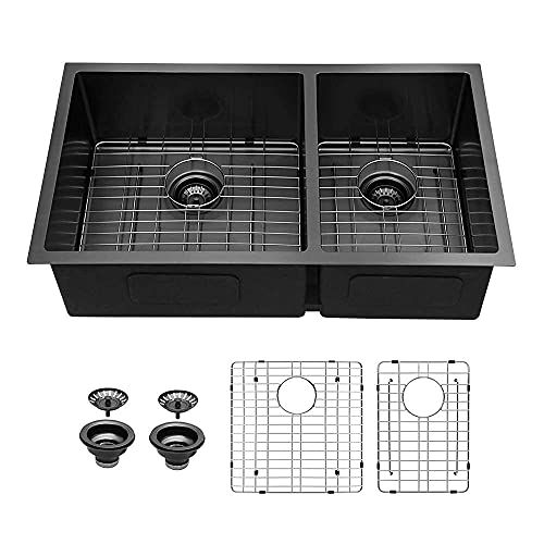 33 Undermount Kitchen Sink - Sarlai 33 inch Kitchen Sink Gunmetal Matte Black 16 Gauge Undermount Double Bowl 60 40 Divide Stainless Steel Sink Basin