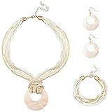Fiada 4 Pcs Jewelry Set for Women Boho Necklace Earrings Bracelet Set Handmade Shell Beaded Collar Jewelry Pendant Earrings Chunky Multi Strand Statement for Women Girls Gift Summer Beach (Cream)