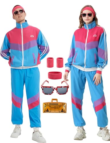 Enhenenhen 80er 90er Jahre Outfit für Herren Damen 80er Jahre Kostüm Trainingsanzug Damen Retro Jogginganzug Erwachsene 80er 90er Kostuem Anzug für Karneval