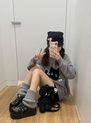 Y2K Kawaii Knit Cute Cat Print Casual Long Sleeve Crew Neck Oversize Pullovers Sweaters for Women4