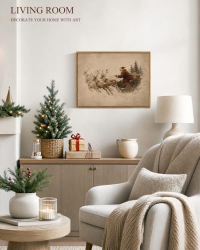 Image of ARPEOTCY Framed Winter Christmas Wall Art, Christmas Reindeer Sled