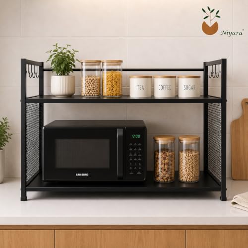 Image of Niyara Multipurpose 2-Tier Microwave Oven Stand Rack | Heavy Duty Metal Kitchen Storage Shelf Organizer with Side Hooks for Utensils, Jars & Appliances (Premium jaali stand)