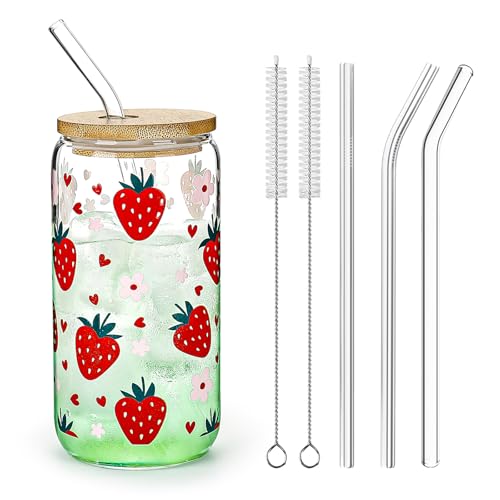 Koythin 16oz Strawberry Flower Glass Iced Coffee Cup