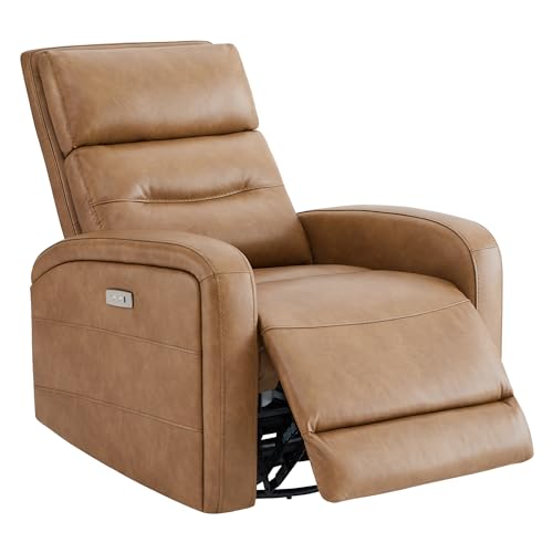 Image of Watson & Whitely Swivel Power Recliner Glider Rocker, Small Recliner with Charging Port for Living Room, Faux Leather in Camel