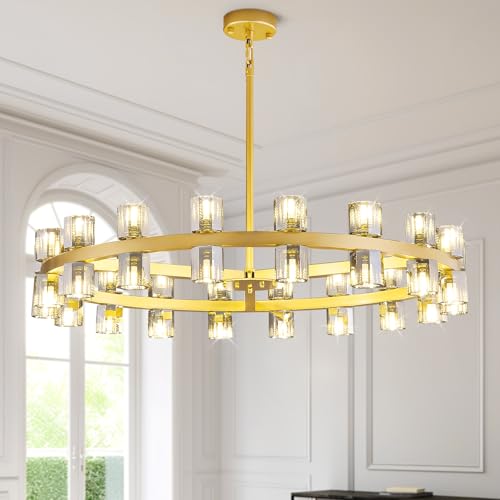 Vookea 36-Light Large Gold Chandeliers for High Ceilings, 36 Inch Modern Crystal Wagon Wheel Chandelier, Farmhouse Industrial Round Chandelier Pendant Lighting Fixture for Dining Living Room Kitchen