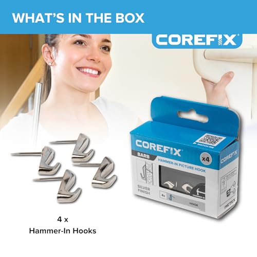 Image of Corefix Barb Wall Hook 4 Pack Universal Hammer-in Picture Hooks, Wall Hooks for Hanging Frames, Mirrors or Canvas into Drywall or Wood. Removable and Reusable Hook with Neat Modern Finish (Silver)