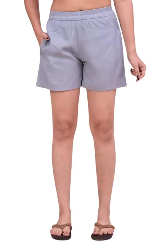 Women's Cotton Regular Relaxed Fit Solid Print Design Thigh Length Casual Summer Running Yoga Gym Night Wear Shorts Elastic Waistband and Drawstring with Pocket-picture-48