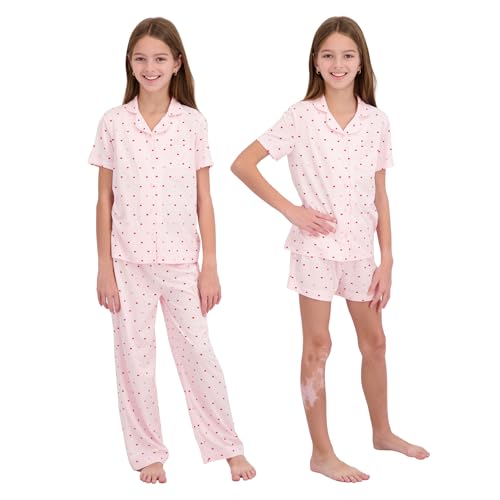 Image of US Angels Girls Pajama Set 3 Piece, Short Sleeve Button Down PJs with Shorts & Pants, Soft Sleepwear Girls & Tweens Size 5-16