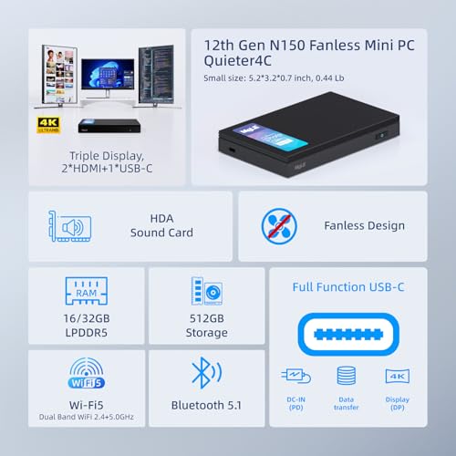 Image of MeLE Quieter4C Fanless Mini PC N150 with Windows 11 Pro 32GB LPDDR5 512GB SSD Micro Desktop Computer Support 4K Triple Display, Dual HDMI,USB-C Powered,Small PC on Industrial Business Astrophotography